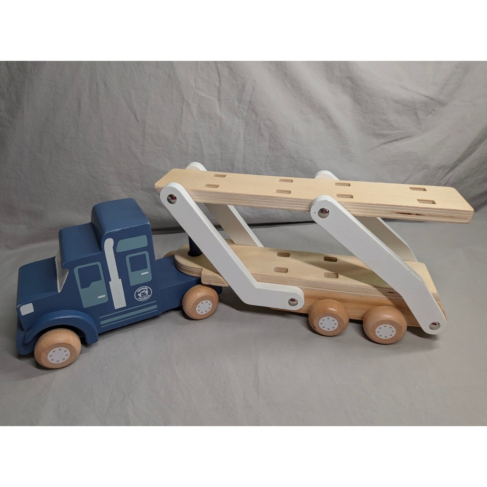 Speedy Monkey Wooden Car Transporter Toy Blue Semi Truck with Folding Trailer